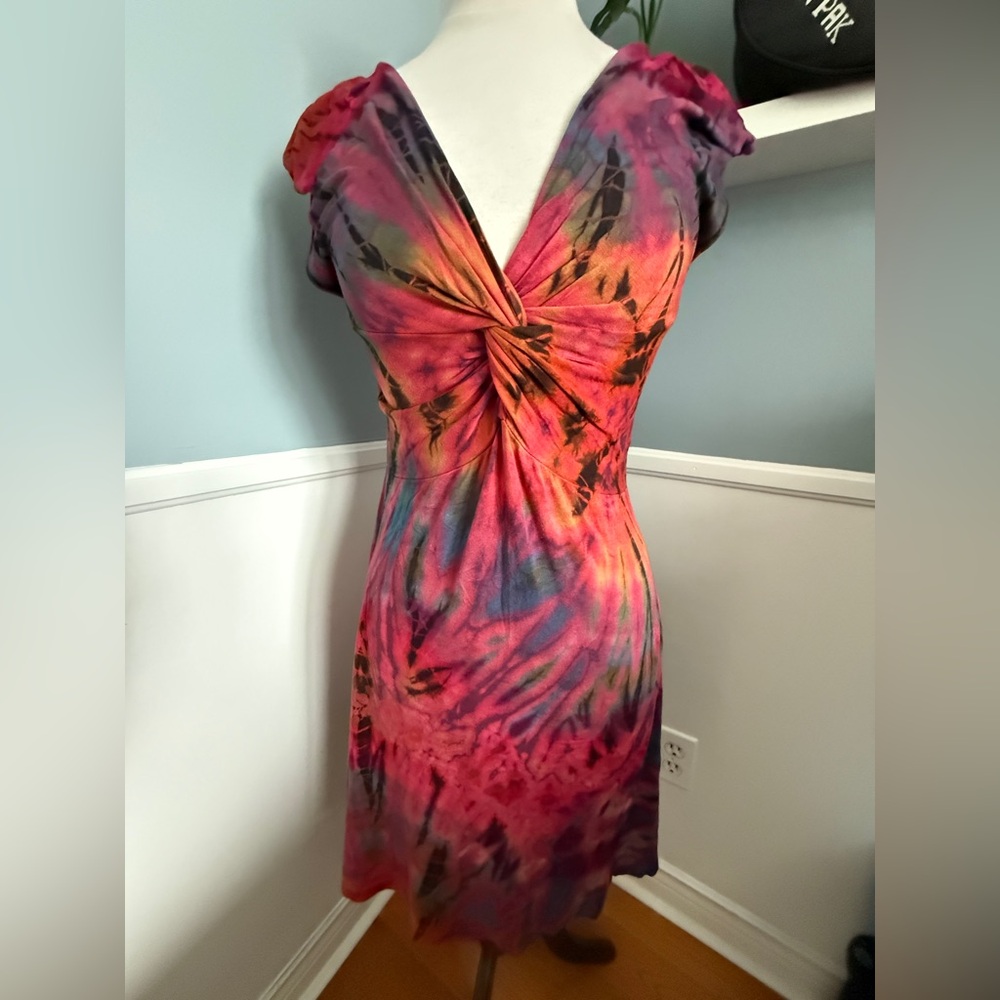 Tie-Dye Dress - cotton - knot front, slightly poofed sleeves